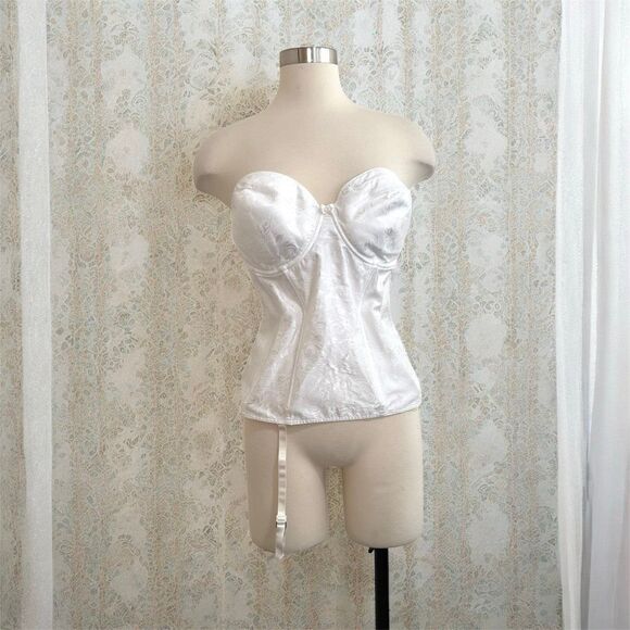 Felina White Longline Bra Corset 38D Scallop Satin Silk Garter Strapless - Picture 1 of 7